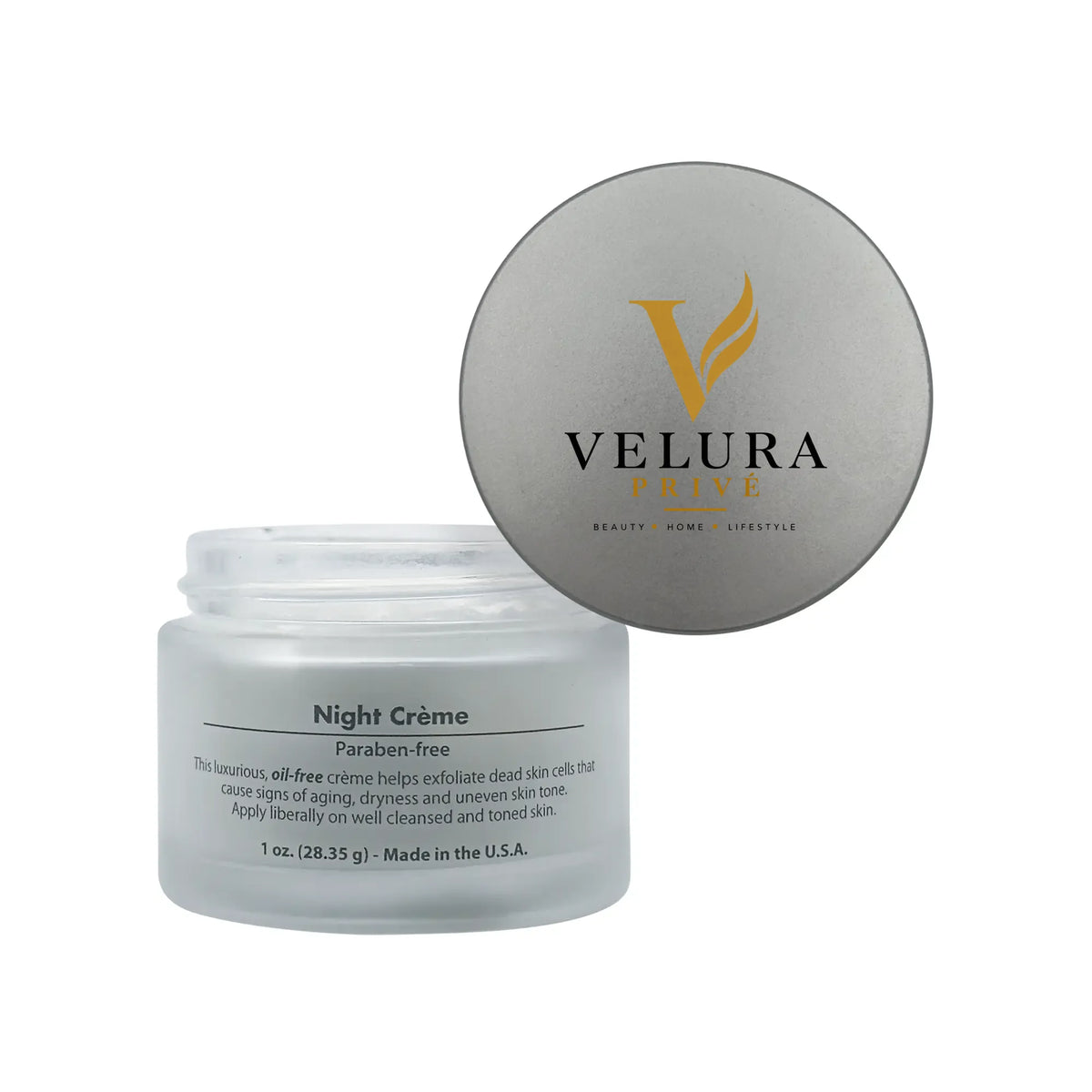 VELURA PRIVÉ Night Renewal Creme in an open 1 oz jar with a silver lid and gold logo