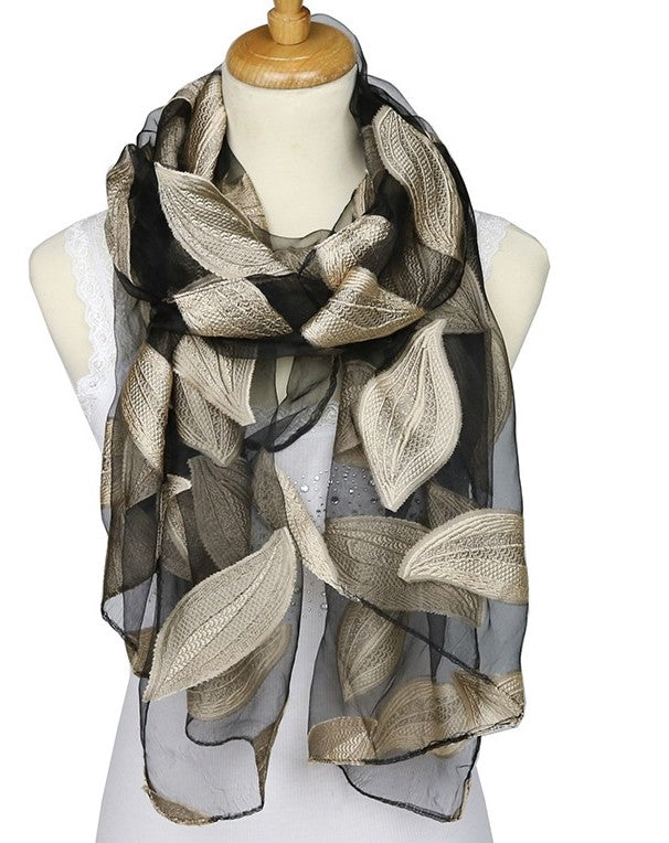 Velura Jacquard Silk Scarf — Luxury Organza & Silk Leaf Design