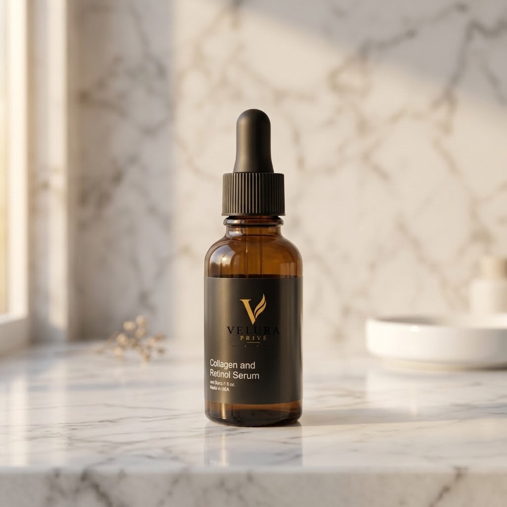 VELURA PRIVÉ — Collagen and Retinol Serum on a marble background