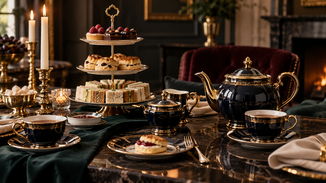 Luxury English-style tea party table with dark porcelain and gold accents