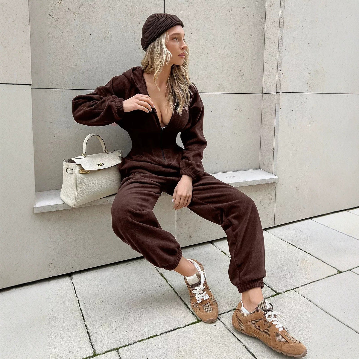 Velura Hooded Long-Sleeve Lounge Jumpsuit