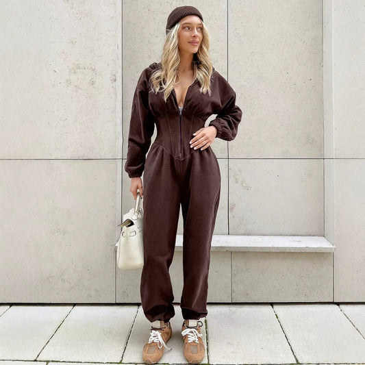 Velura Hooded Long-Sleeve Lounge Jumpsuit