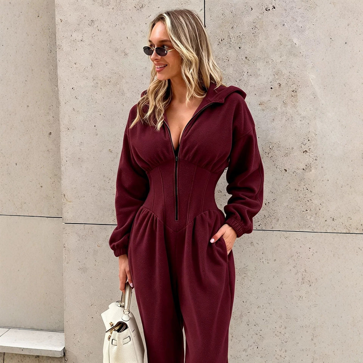 Velura Hooded Long-Sleeve Lounge Jumpsuit