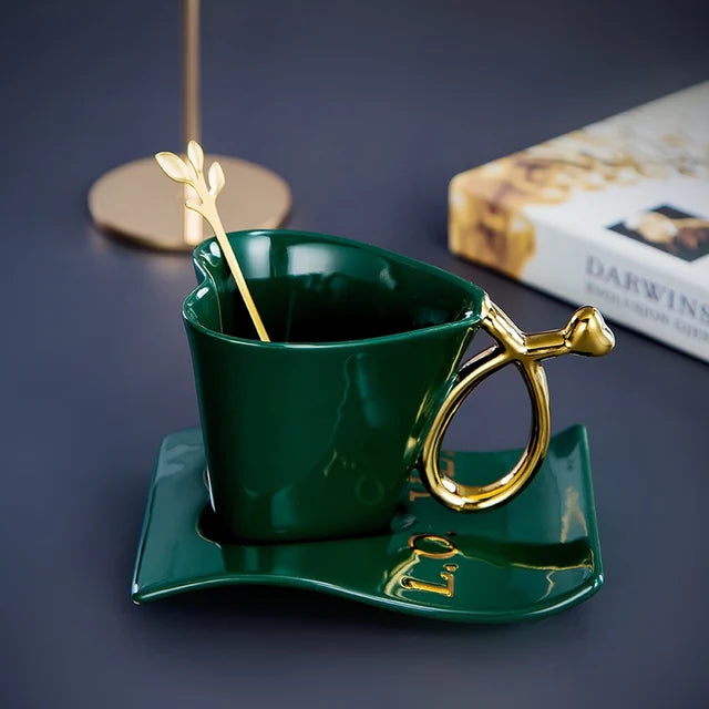 Velura Sculpted Ceramic Tea Cup, Saucer & Spoon Set