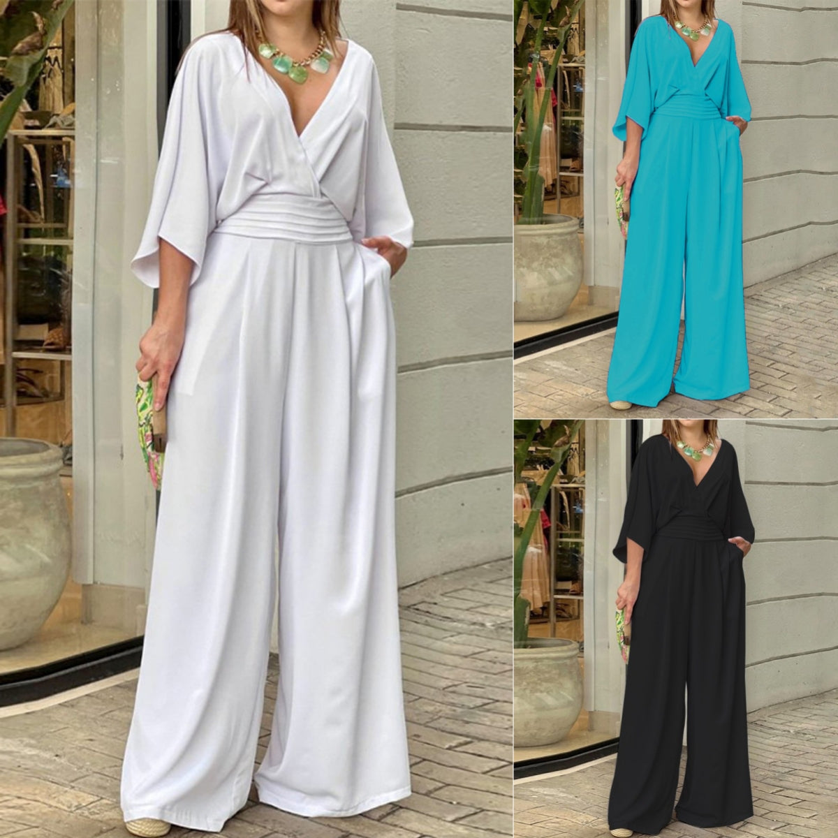 Velura V-Neck Short-Sleeve Casual Jumpsuit