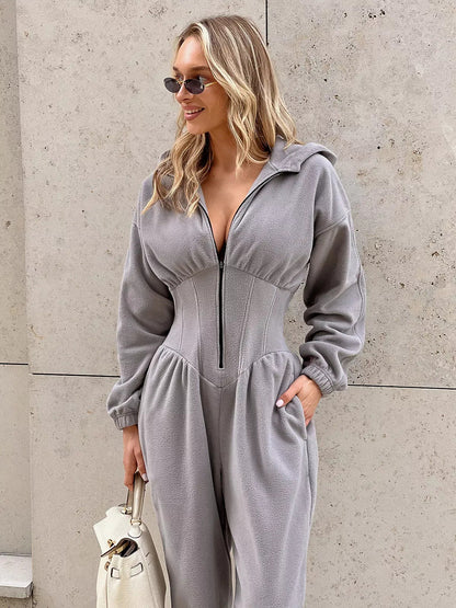 Velura Hooded Long-Sleeve Lounge Jumpsuit