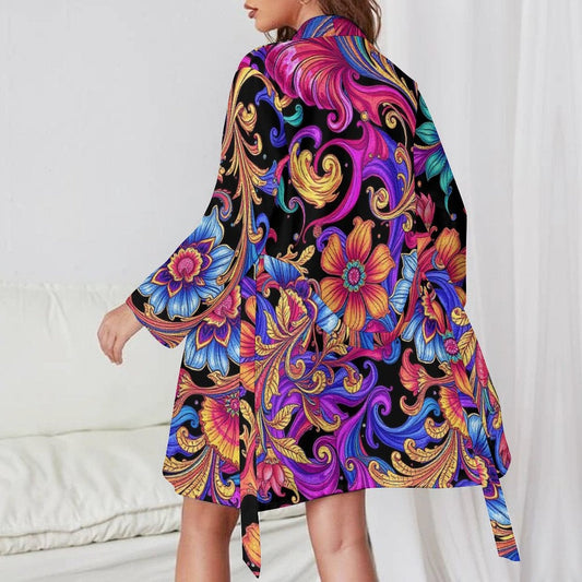 Velura Luxe Long Sleeve Robe — Printed Sash Belt Loungewear Robe