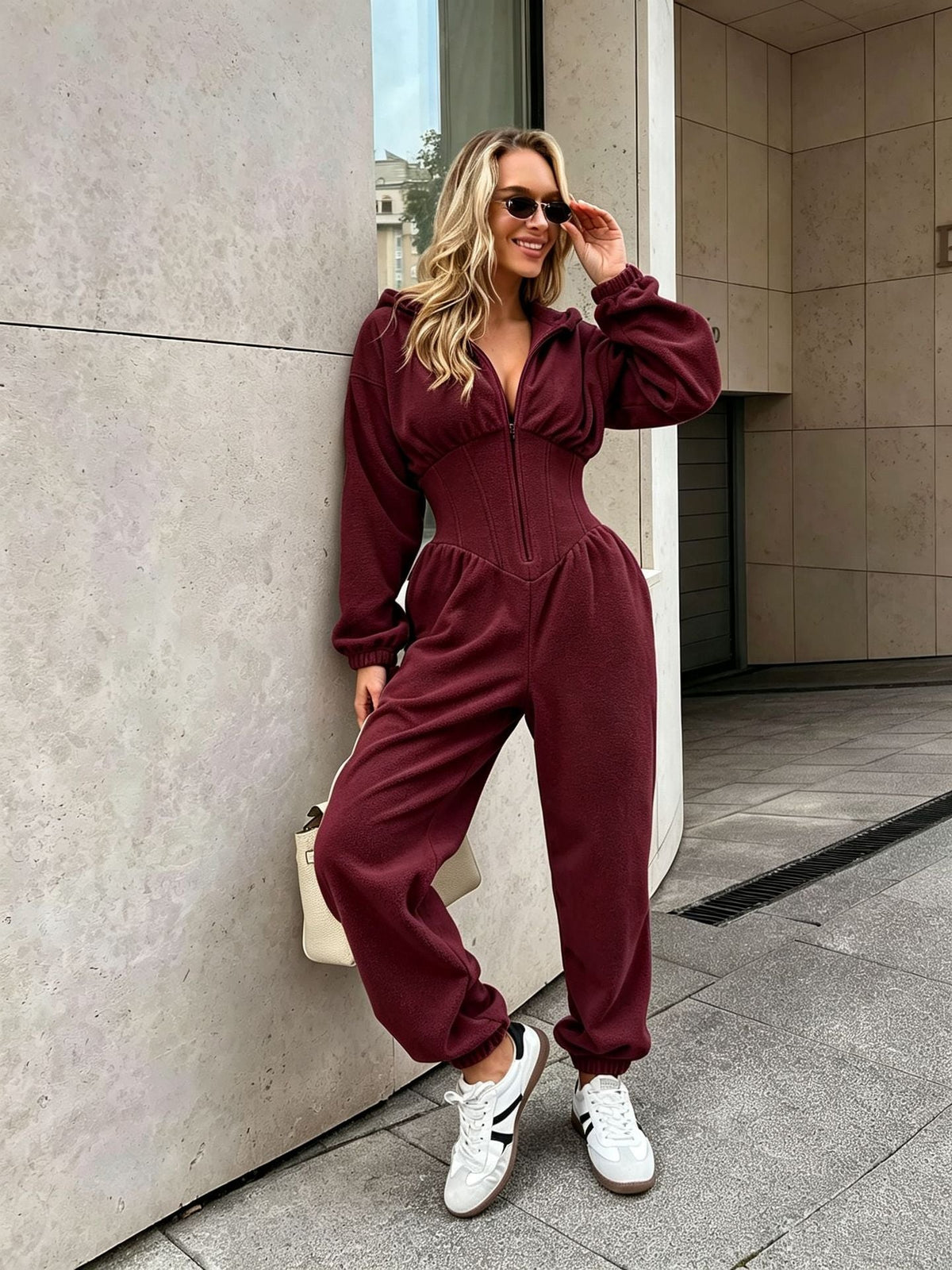 Velura Hooded Long-Sleeve Lounge Jumpsuit