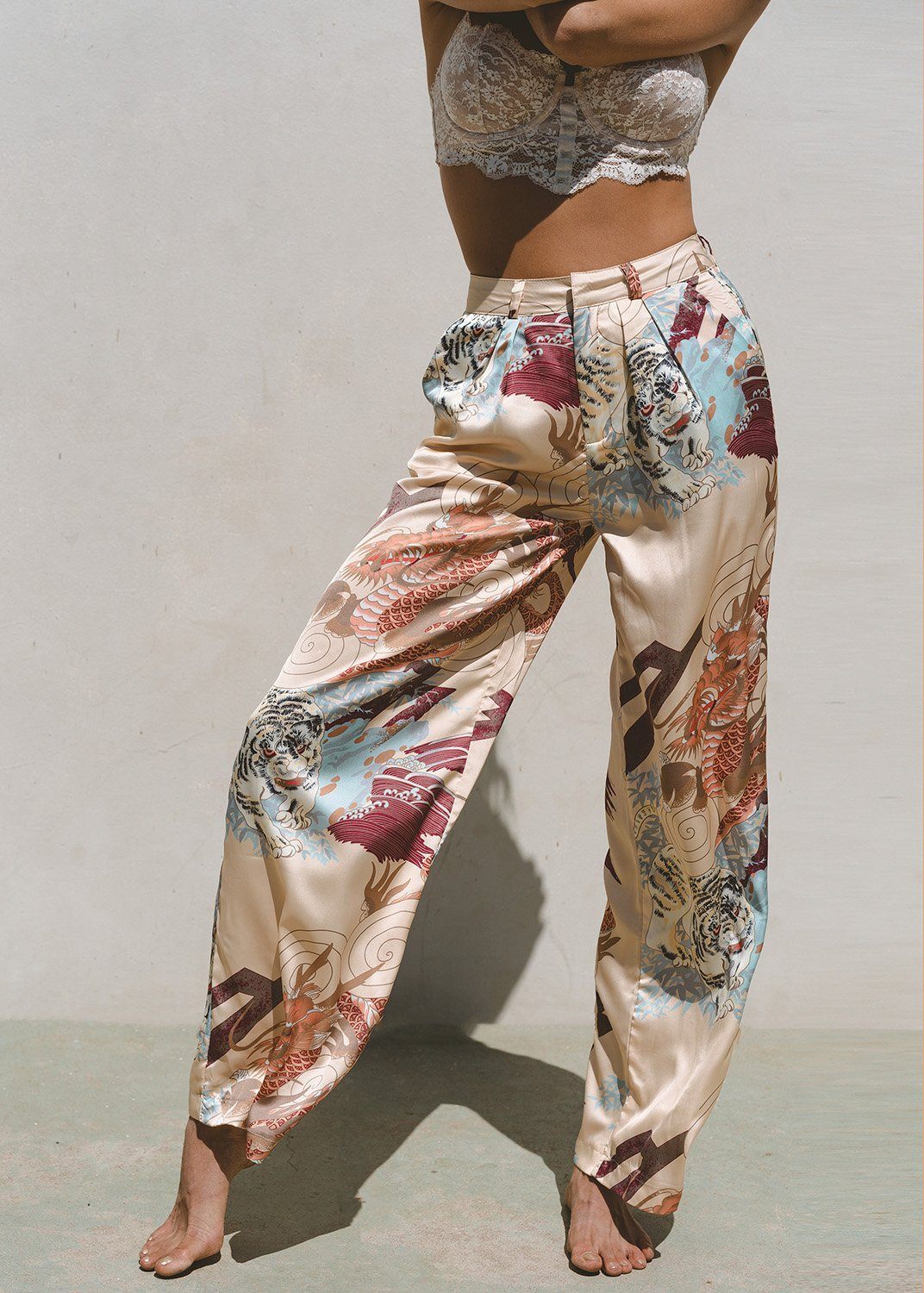 Velura Satin Wide Leg Pants — High Waist Floral Print Loungewear