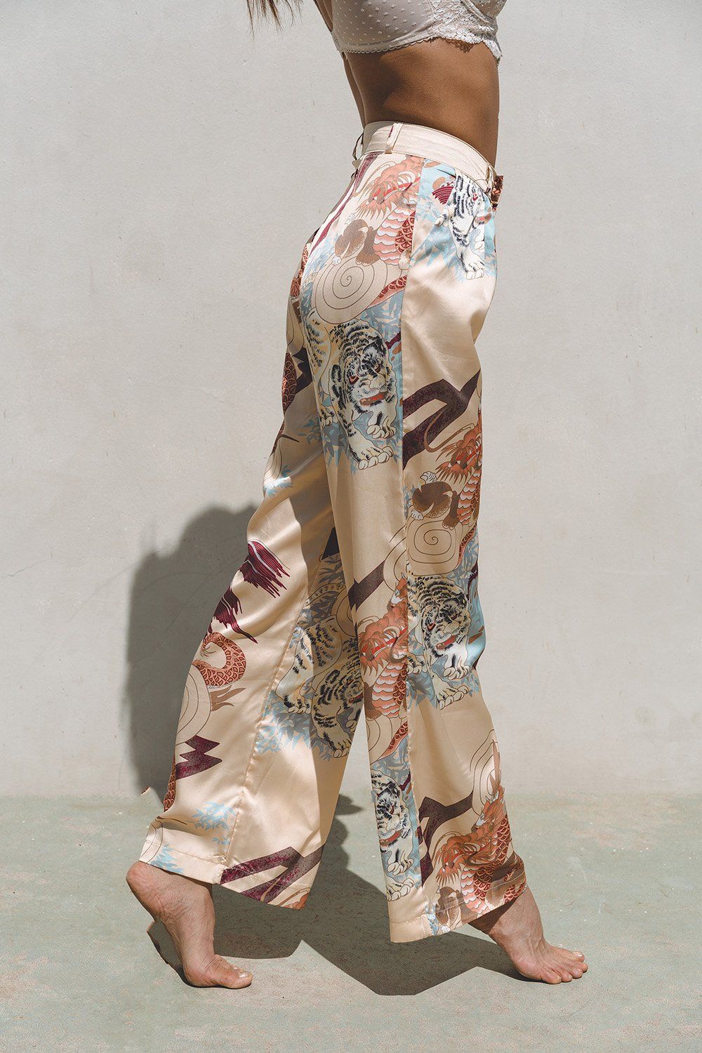 Velura Satin Wide Leg Pants — High Waist Floral Print Loungewear
