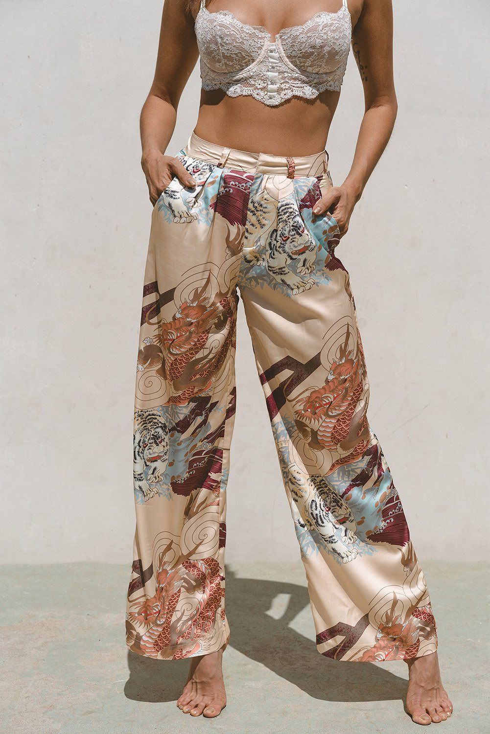 Velura Satin Wide Leg Pants — High Waist Floral Print Loungewear
