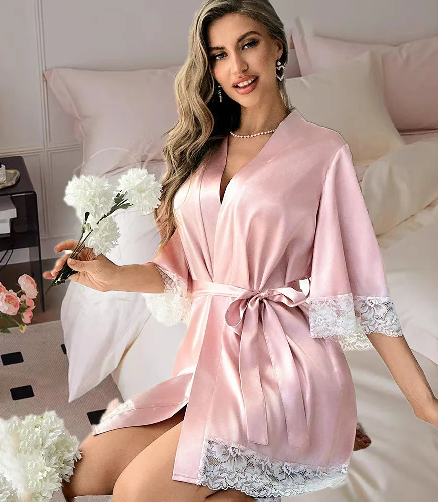 Velura Luxe Lace-Trim Satin Kimono Robe