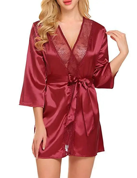 Velura Luxe Short Lace-Trim Satin Robe