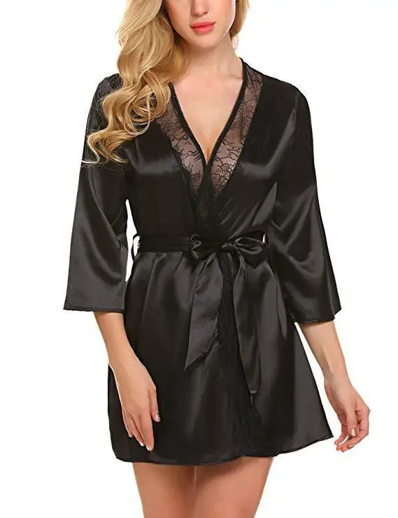 Velura Luxe Short Lace-Trim Satin Robe