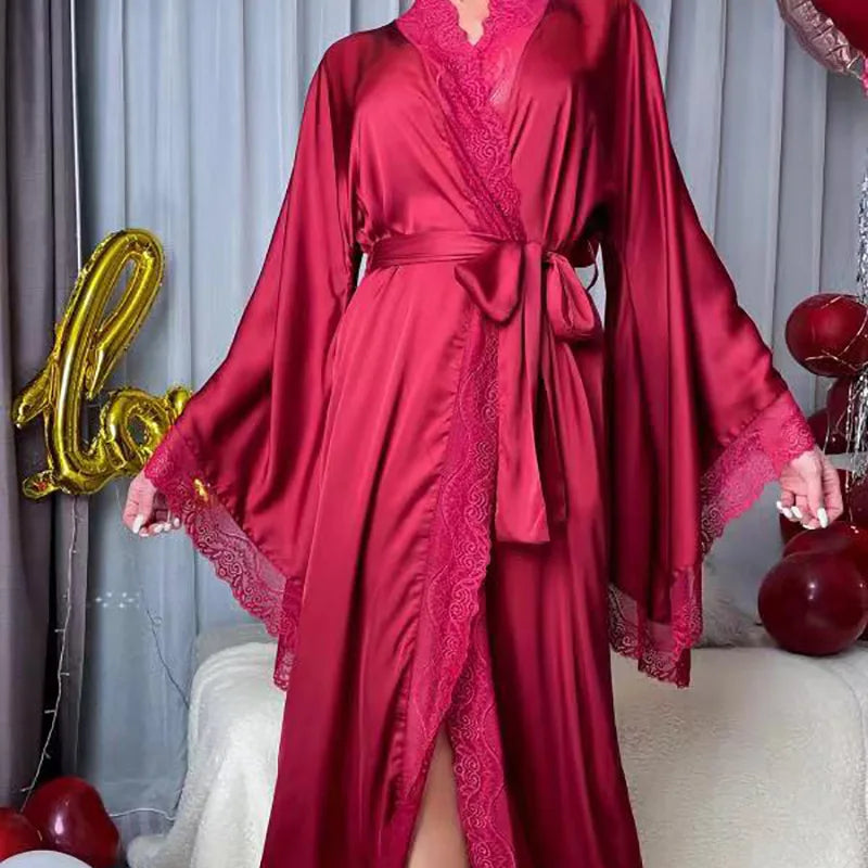 Velura Luxe Long Lace-Trim Satin Robe