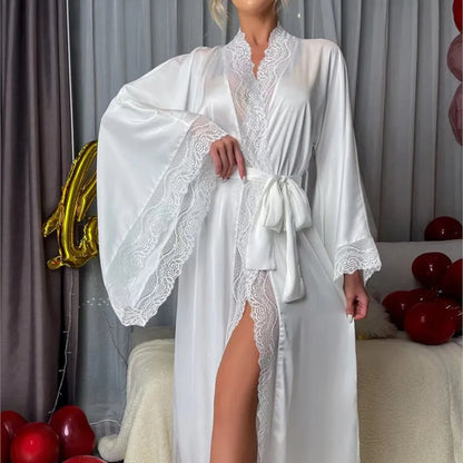 Velura Luxe Long Lace-Trim Satin Robe