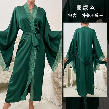 Velura Luxe Long Lace-Trim Satin Robe