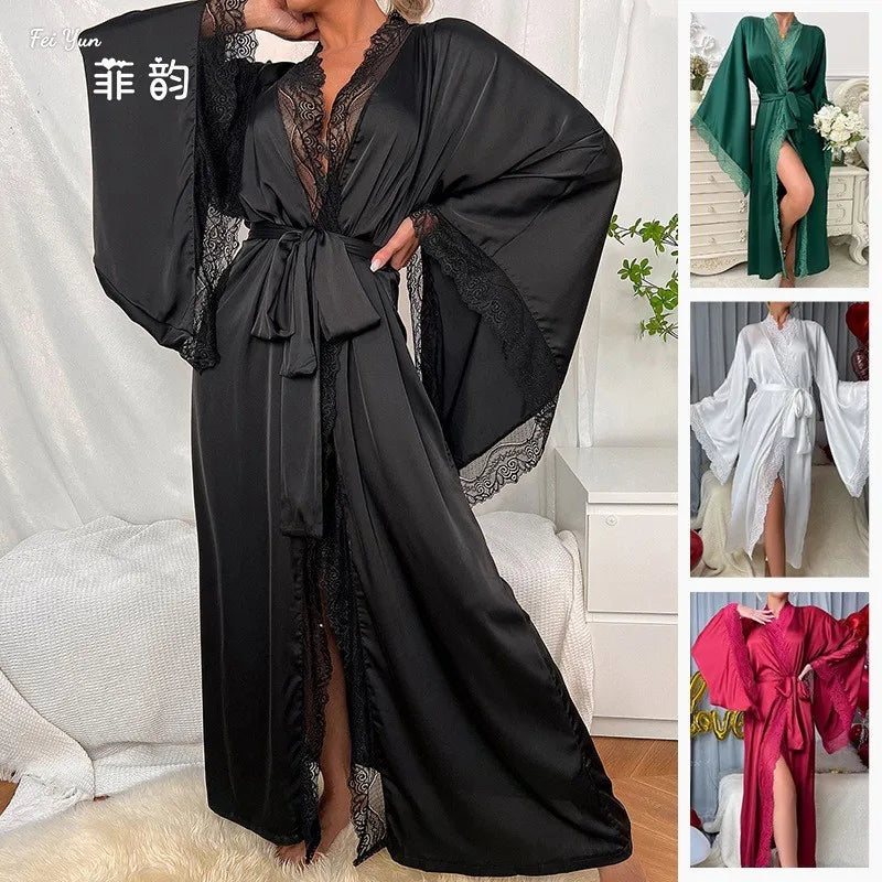 Velura Luxe Long Lace-Trim Satin Robe