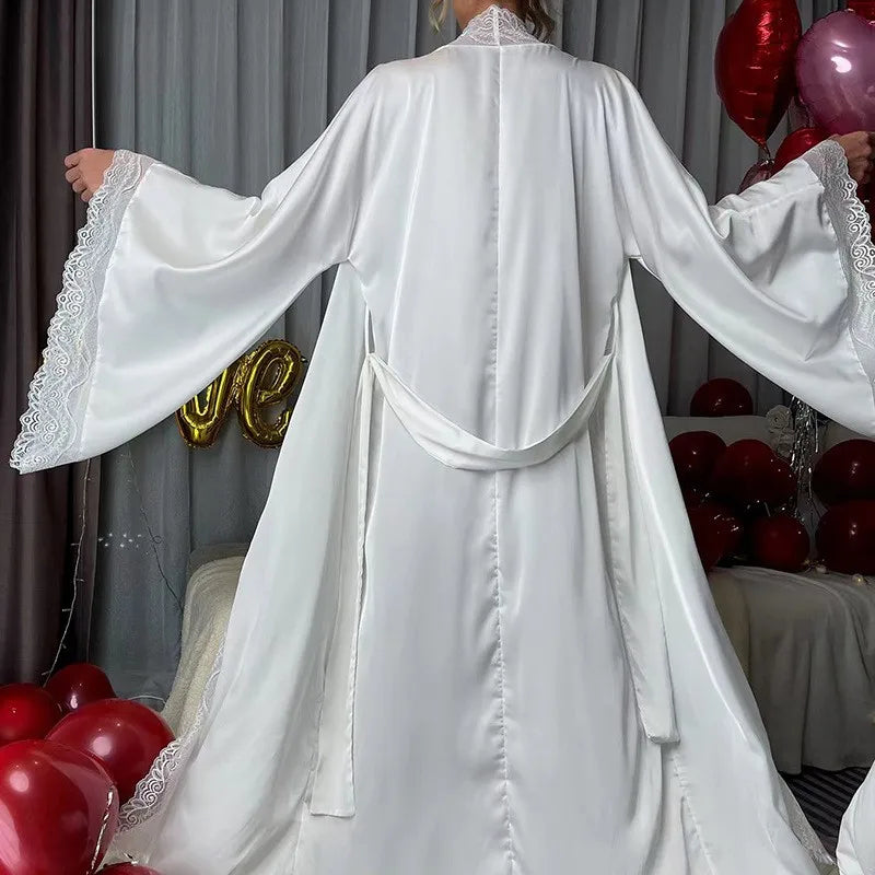 Velura Luxe Long Lace-Trim Satin Robe
