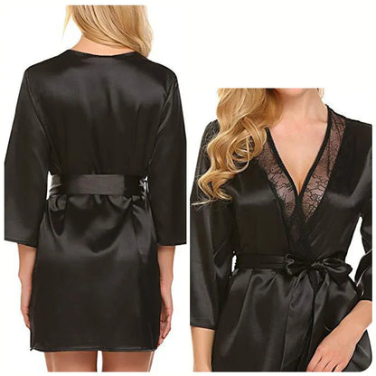 Velura Luxe Short Lace-Trim Satin Robe