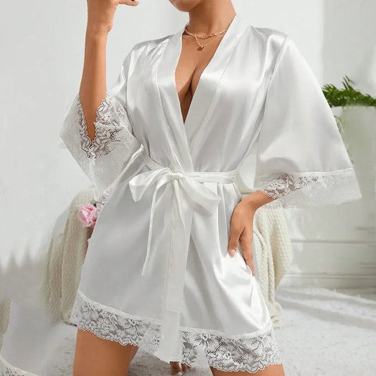 Velura Luxe Lace-Trim Satin Kimono Robe