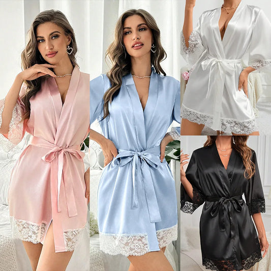 Velura Luxe Lace-Trim Satin Kimono Robe