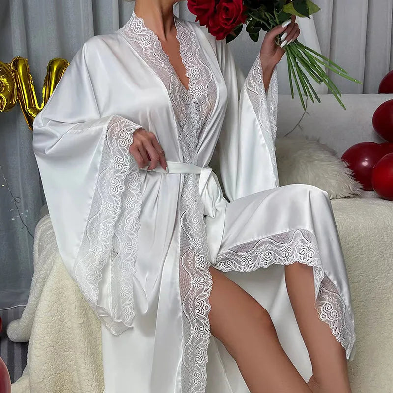 Velura Luxe Long Lace-Trim Satin Robe