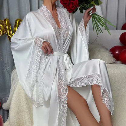 Velura Luxe Long Lace-Trim Satin Robe