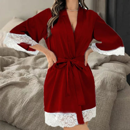 Velura Luxe Lace-Trim Satin Kimono Robe