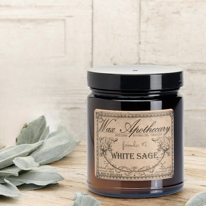 6 oz Botanical Candle in Amber Glass Jar - White Sage