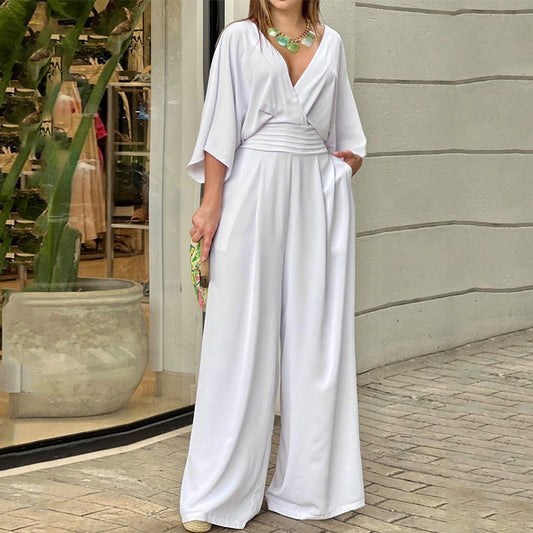 Velura V-Neck Short-Sleeve Casual Jumpsuit