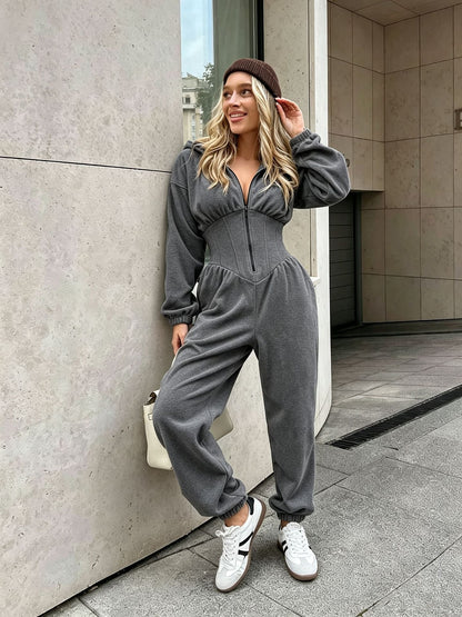 Velura Hooded Long-Sleeve Lounge Jumpsuit