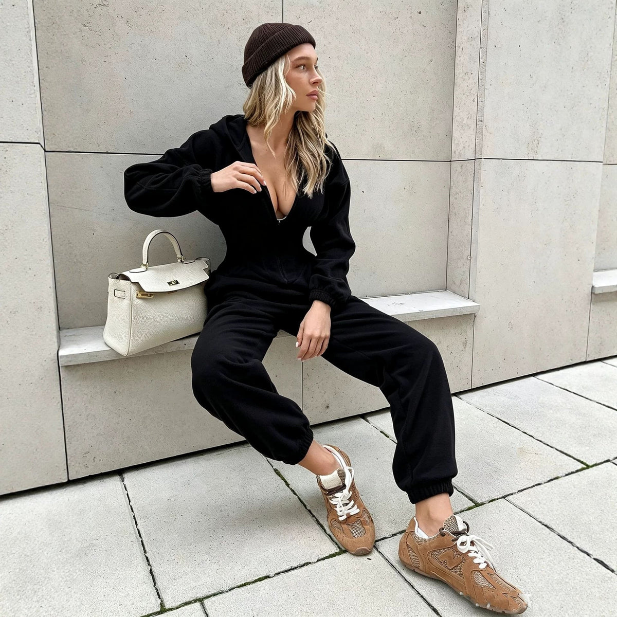 Velura Hooded Long-Sleeve Lounge Jumpsuit