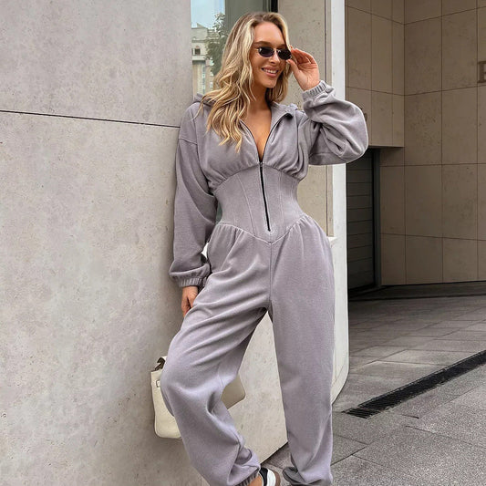 Velura Hooded Long-Sleeve Lounge Jumpsuit