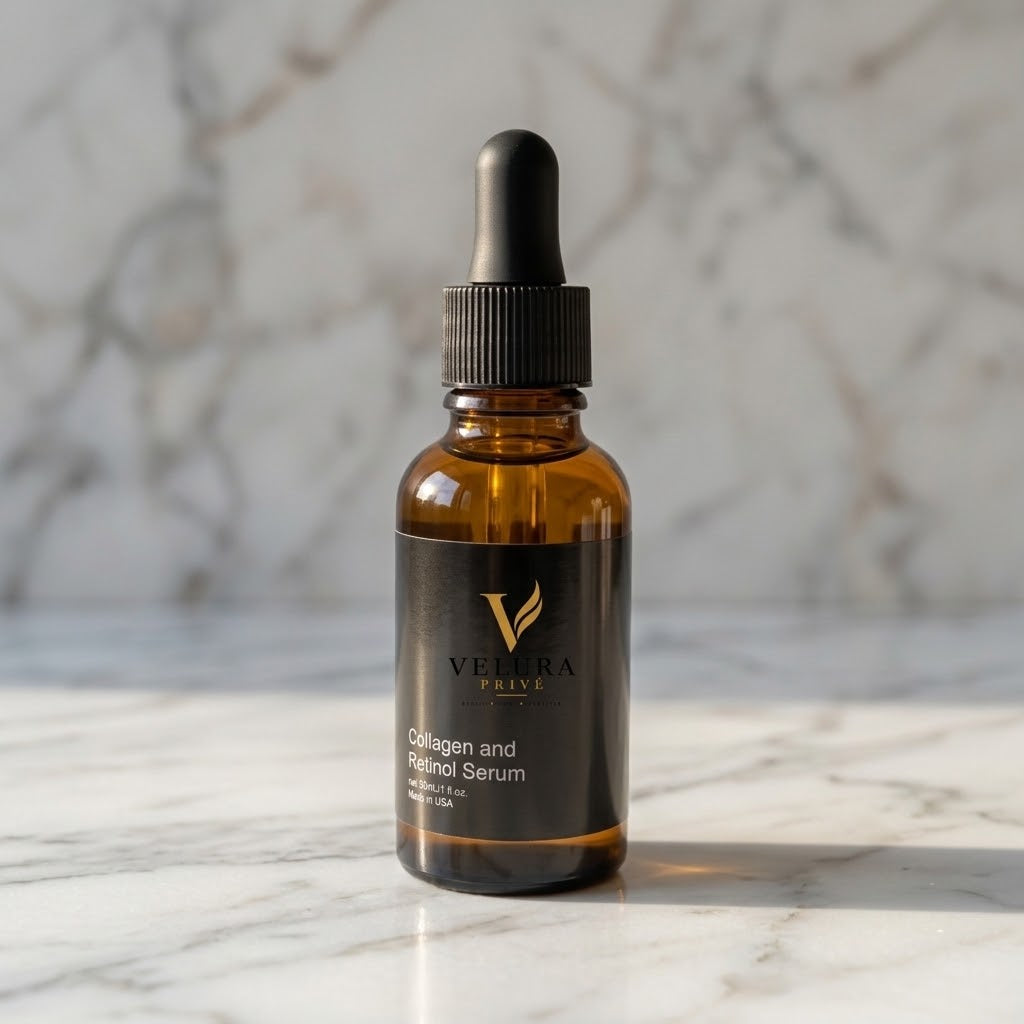 VELURA PRIVÉ — Collagen and Retinol Serum on a marble background