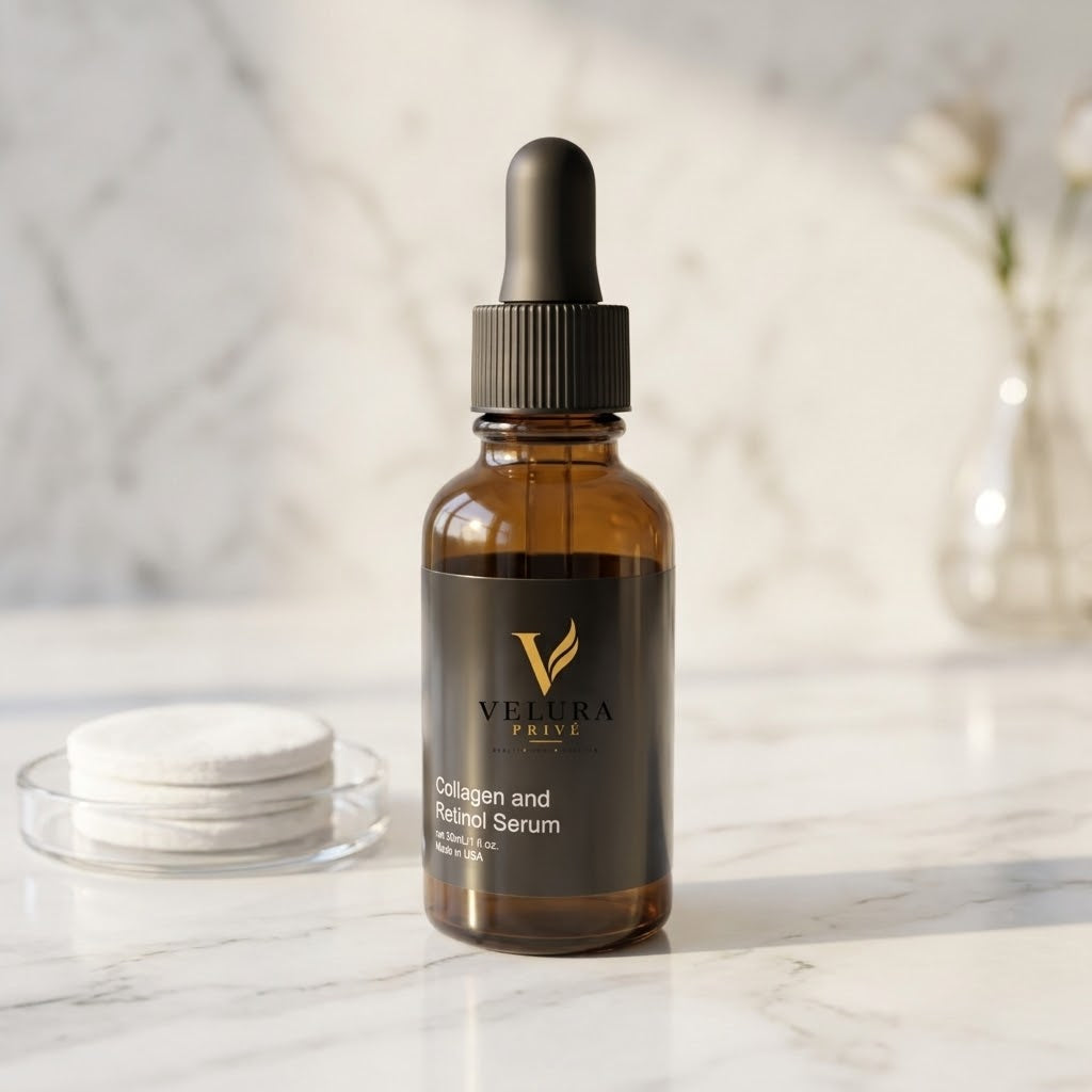 VELURA PRIVÉ — Collagen and Retinol Serum on a marble background