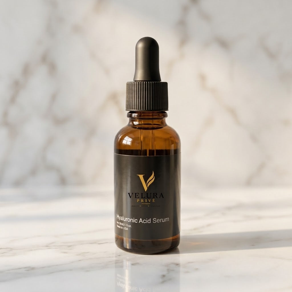 VELURA PRIVÉ — Hyaluronic Acid Serum on a marble background