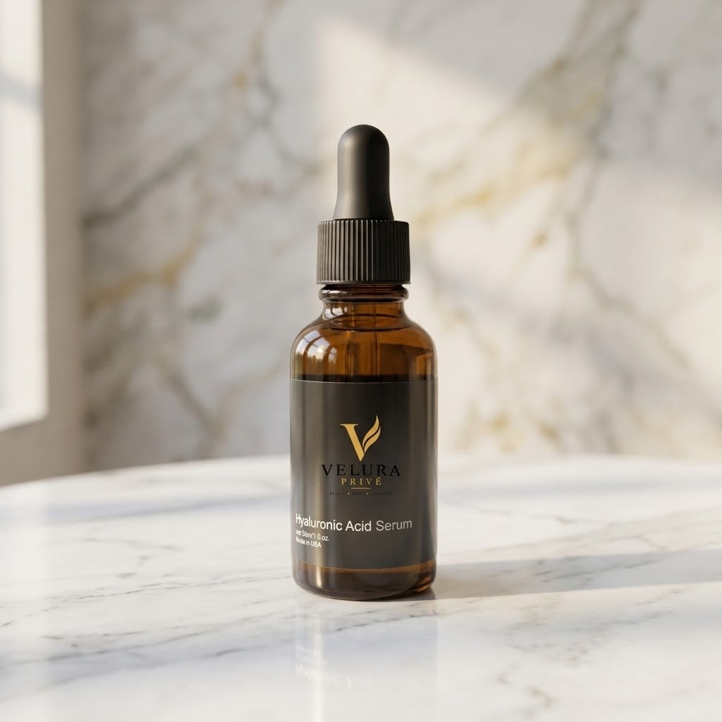 VELURA PRIVÉ — Hyaluronic Acid Serum on a marble background