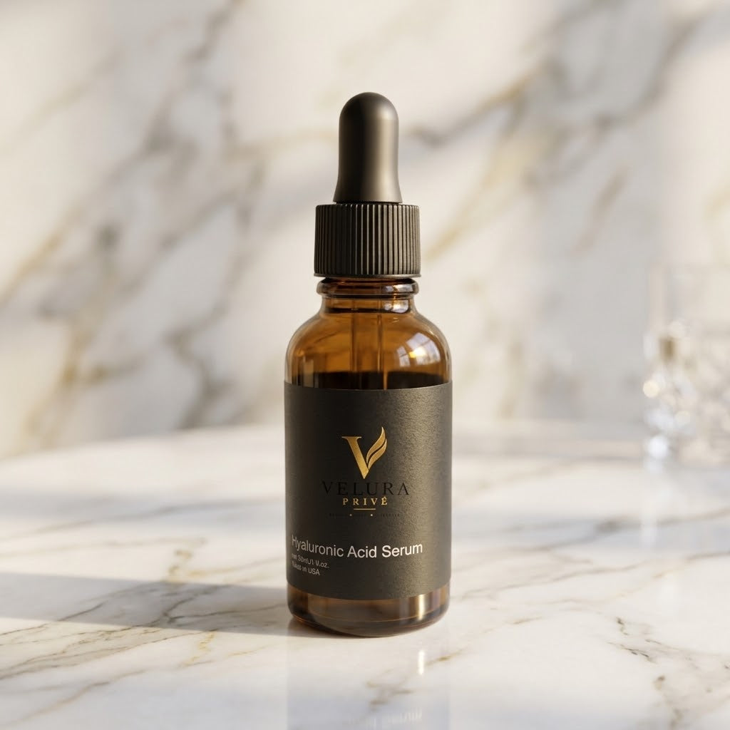 VELURA PRIVÉ — Hyaluronic Acid Serum on a marble background